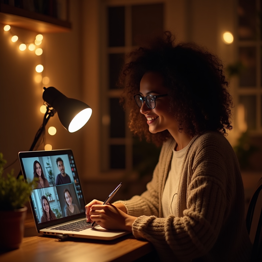 Ucastnice sleduje vecerni online lekci focení na notebooku